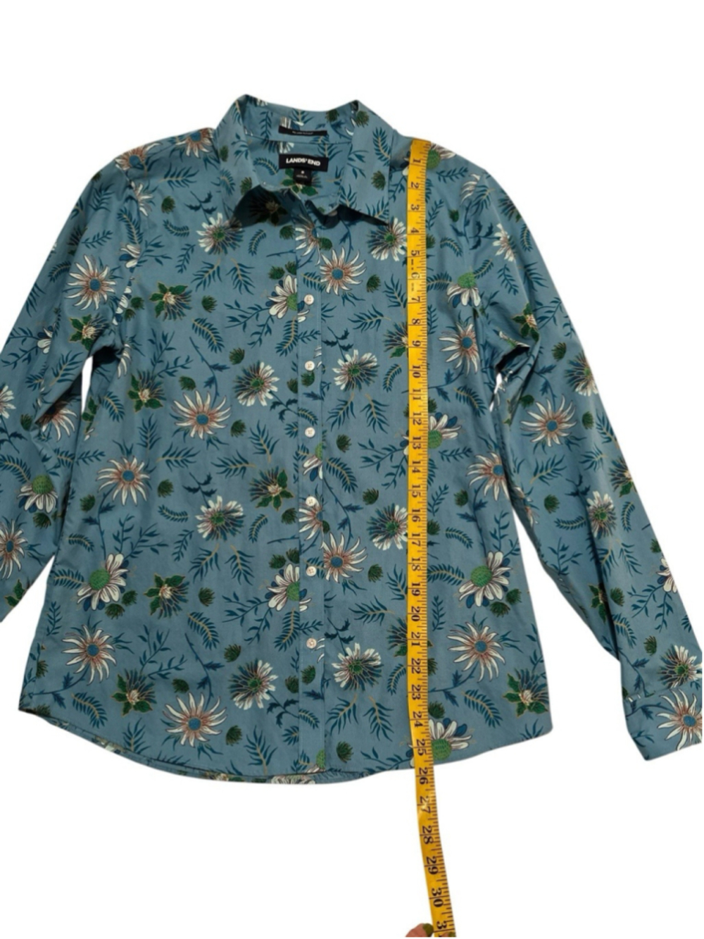 Lands End Button Up Shirt Womens 8 Cotton Multicolor / Teal Floral Long Sleeves - Picture 7 of 16
